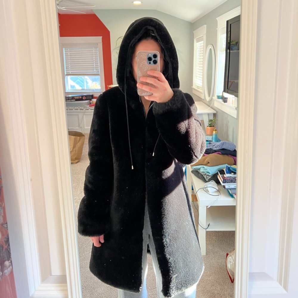 Maje- Black Faux fur hooded Bomber jacket - coat